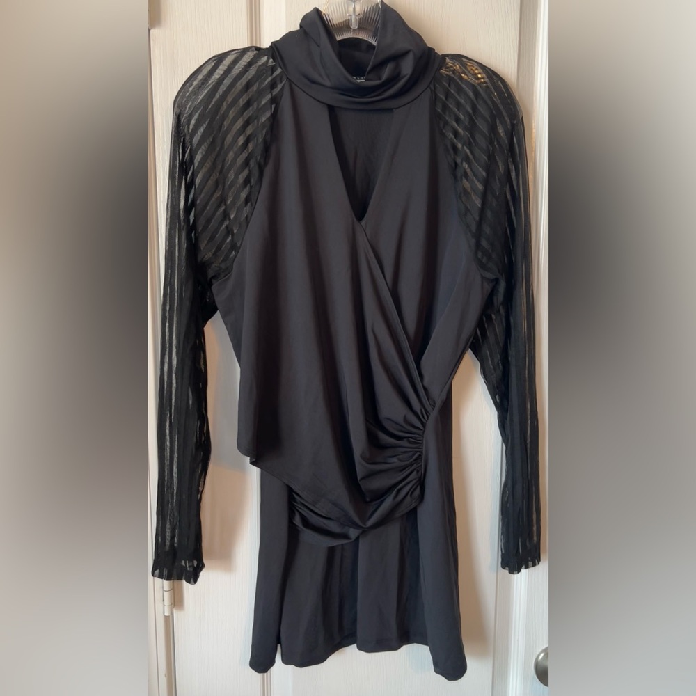 Venus Black Draped Cowl Neck Tunic Top Sheer Striped Sleeves Size XL